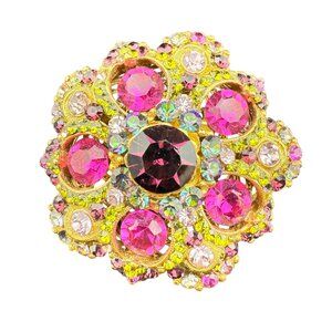 Vintage BARERRA Gold Tone Crystal & Pink Rhinestone Floral Brooch Pin with Intri
